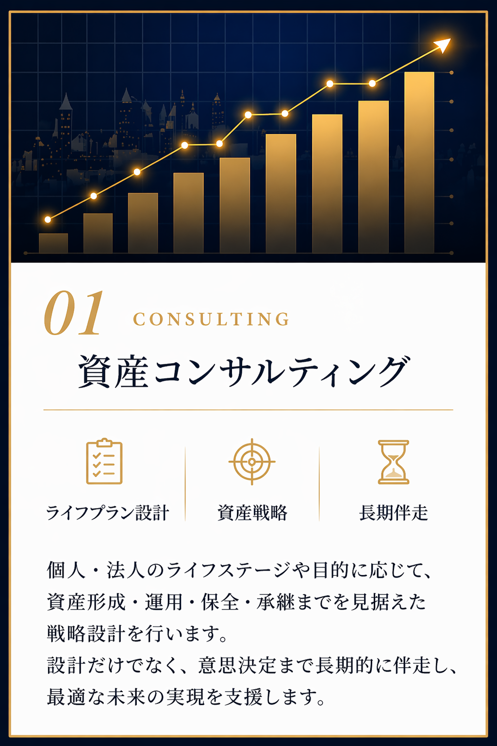 01 資産コンサルティング：個人・法人のライフステージや目的に応じて、資産形成・運用・保全・承継までを見据えた戦略設計を行います。